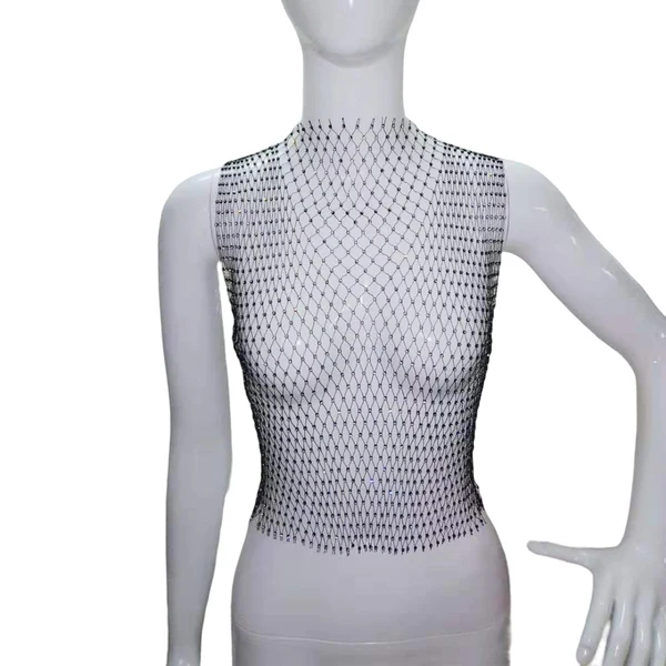 Soft Maxbell Mesh Crop Sleeveless Hollow Out for Festival Rave Dance Summer Black Round Neck Safe