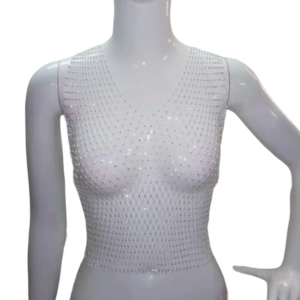 Effective Maxbell Mesh Crop Sleeveless Hollow Out for Festival Rave Dance Summer White V Neck Modern