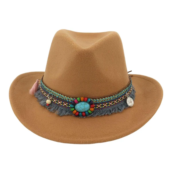 Traditional Maxbell Women Men Western Cowboy Hat Fedora Hat Sun Hat for Festival party Light Brown Stylish