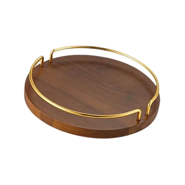 Trusted Maxbell Vintage Round Wooden Serving Tray with Golden Handle for Kitchen Home Dinner S High-End