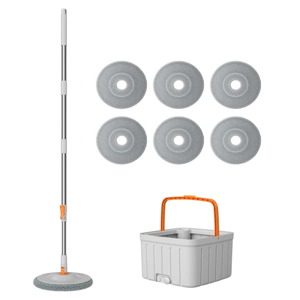 Pure Maxbell Rotatable Round Flat Floor Mop Bucket Set Floor Cleaning System with 6 Pads Natural