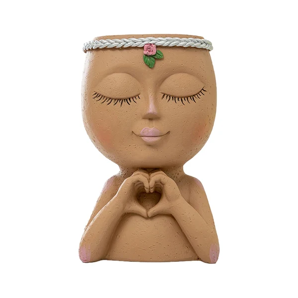 Optimized Maxbell Planter Pot Closed Eyes Outdoor Bowl Tabletop Decorative Face Shape Ornament Brown Modern