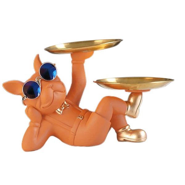 Innovative Maxbell Chic Resin French Bulldog Statue 2 Metal Trays with Glasses Home Decor Orange Excellent