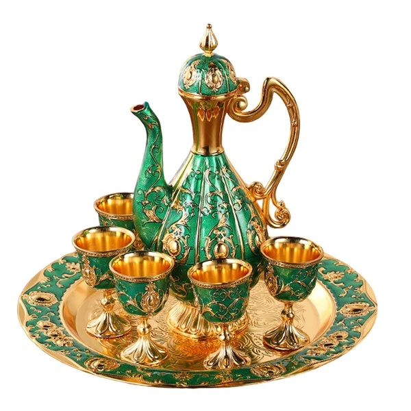 High-Performance Maxbell Turkish Coffee Pot Set Drinkware Teapot Set for Dining Room Cabinet Table Aureate and Green Stylish