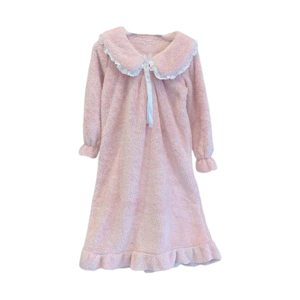 High-Quality Maxbell Women Nightdress Winter Plush Loose Fit Sleepshirt Lady Loungewear Nightgown One Size Pink Verified