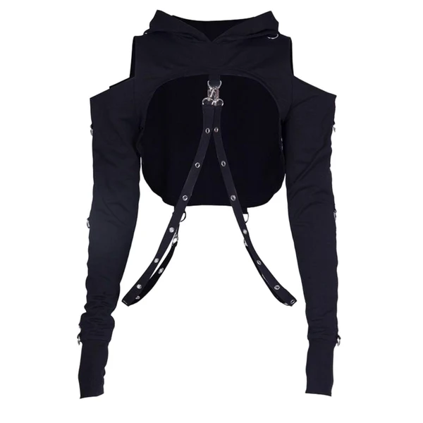 Effective Maxbell Gothic Hooded Crop Top Pullover Black Versatile for Travel Festivals Ladies Small Modern