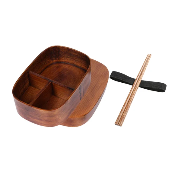 Expertly Made Maxbell Japanese Style Bento Box Wood Lunch Box with Chopsticks with Strap to Fix Size L Dark Brown Pure