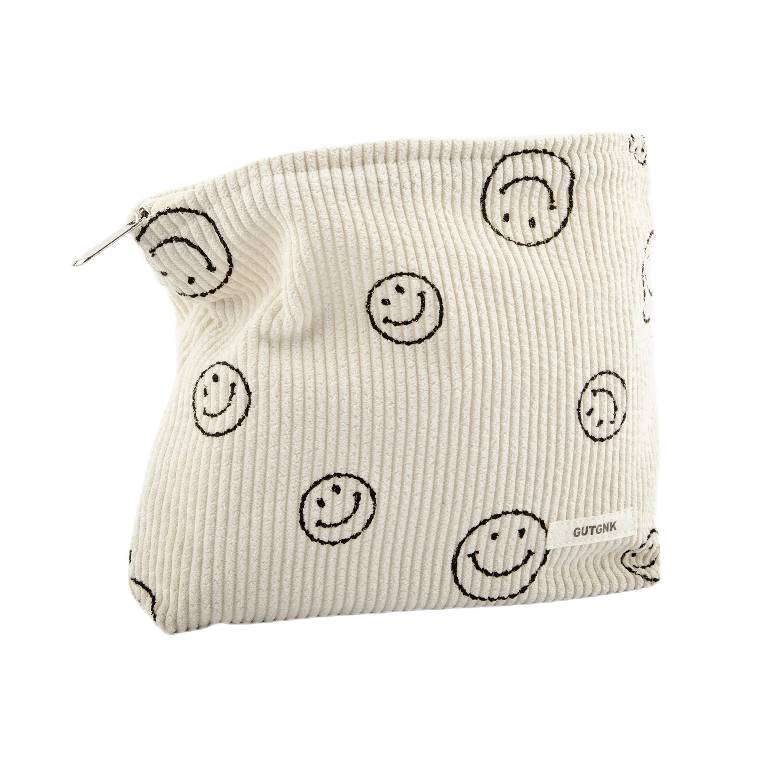 Safe GUTGNK Makeup Bag for Women – Corduroy Cosmetic Pouch Aesthetic Smiley Face Organizer Tote with Zipper Cute Pencil Case Beige Proven