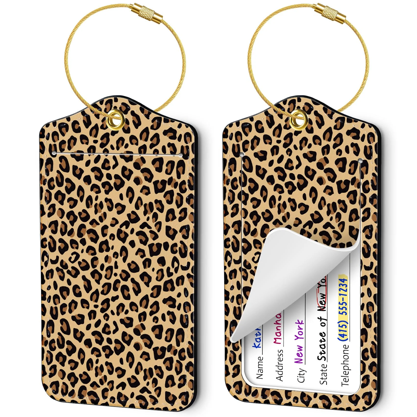 Eco-Friendly 2 Pack PU Leather Luggage Tags – Cute Suitcase Name Tags with Privacy Cover Steel Loops Travel ID Bag Tags for Men Women Leopard Professional