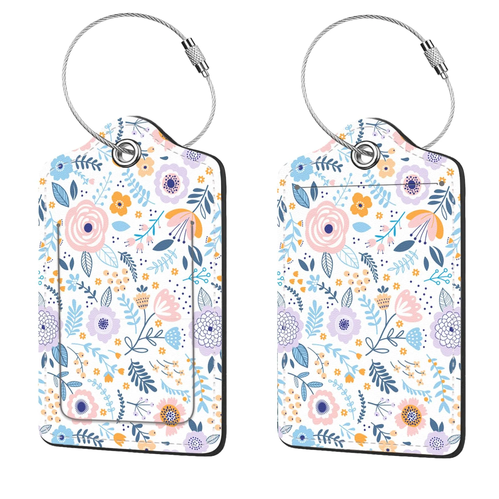 Stylish 2 Pcs PU Leather Luggage Tags – Cute Travel Bag Tags with Privacy Cover ID Address Card Metal Ring for Suitcases Backpacks Colorful Flowers A Durable