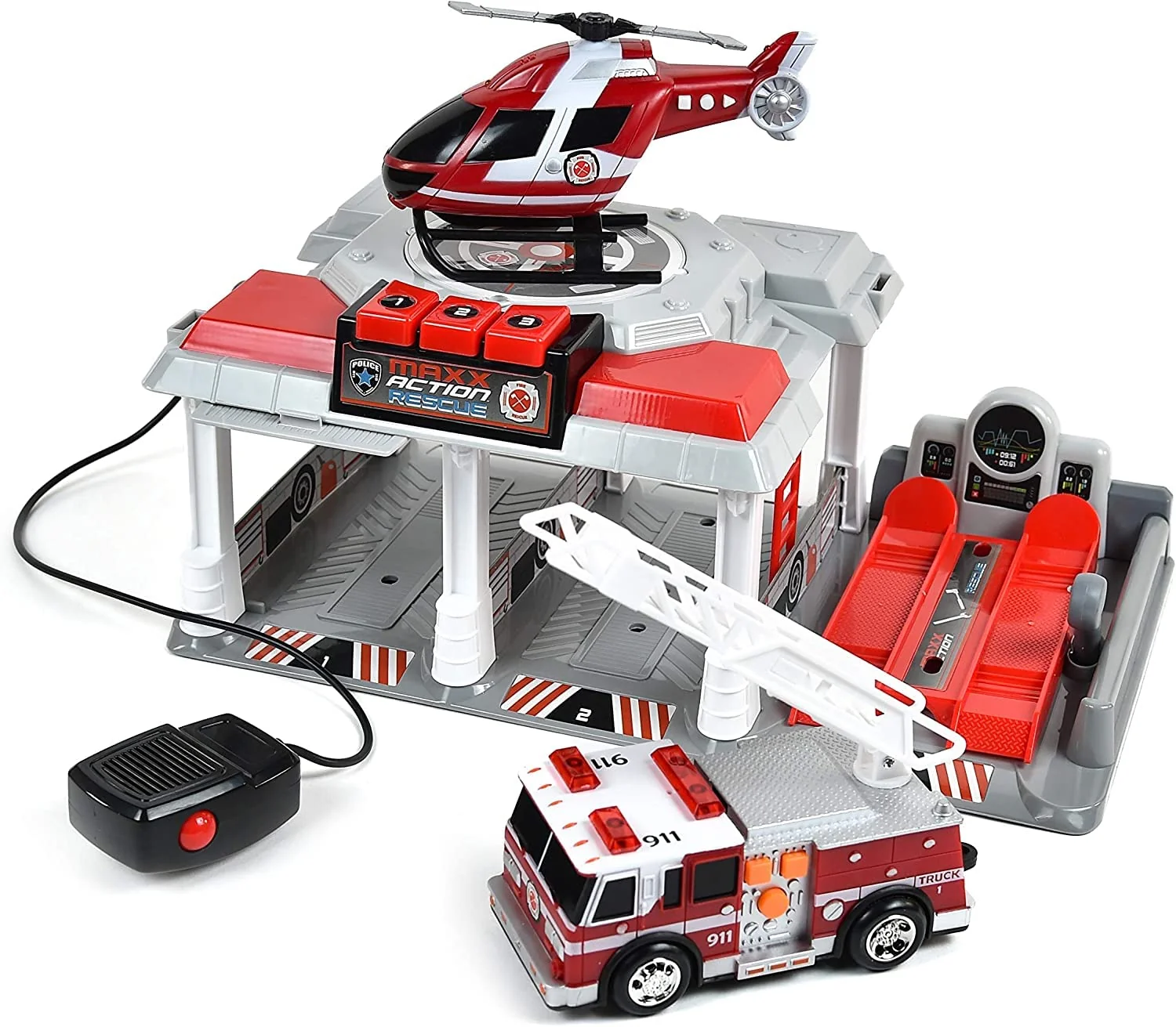 Fine Crafted Fire Rescue Garage Toy Set with Lights Sounds – Parking Garage Vehicle Lift Intercom Helicopter Fire Truck with Friction Motor for Kids Easy-to-Use