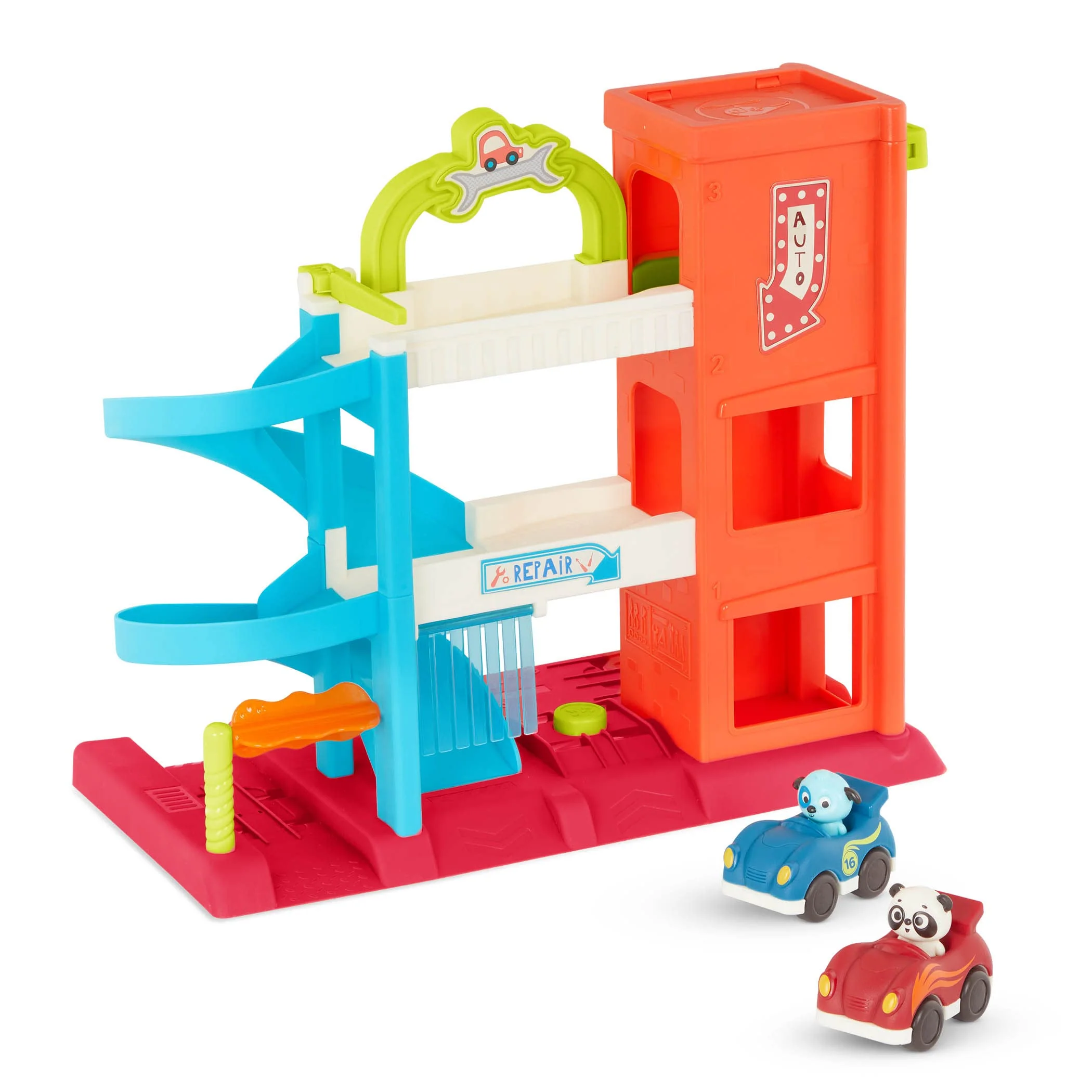 Practical B. toys – Bingo s Garage – Vehicle Playset Car Garage with Spiral Ramp – Working Elevator with 2 Toy Cars – 3 floor playset – 18 Months Exclusive