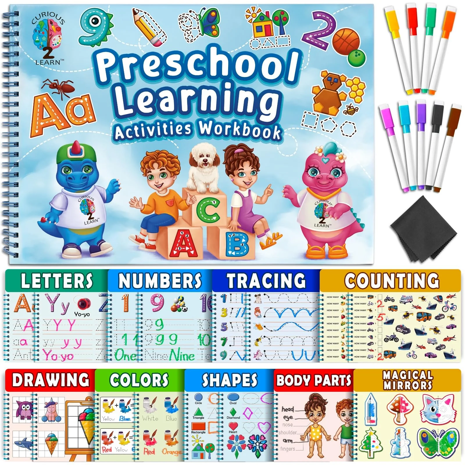 Clean Curious 2 Learn Preschool Learning Workbook – Tracing Handwriting Busy Book Activities Educational Gift for Kids Ages 4 Blue Stylish