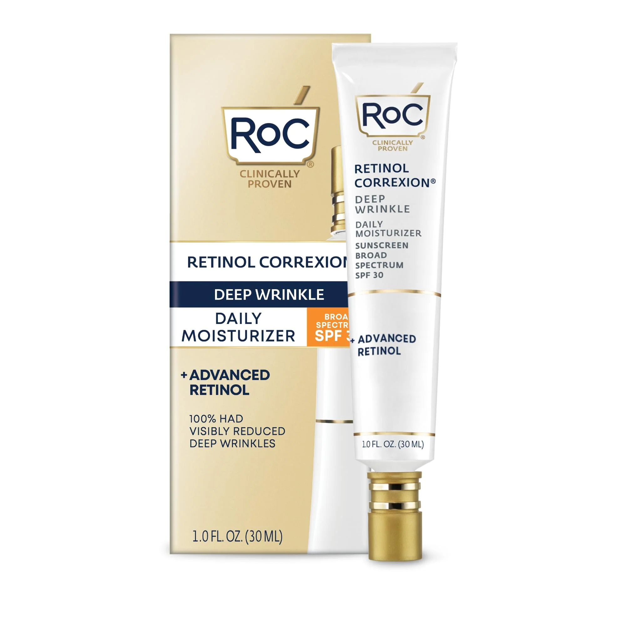 Next-Generation RoC Retinol Correxion Deep Wrinkle Daily Moisturizer SPF 30 – Anti-Aging Face Cream for Fine Lines Dark Spots Post-Acne Scars 1 oz Convenient