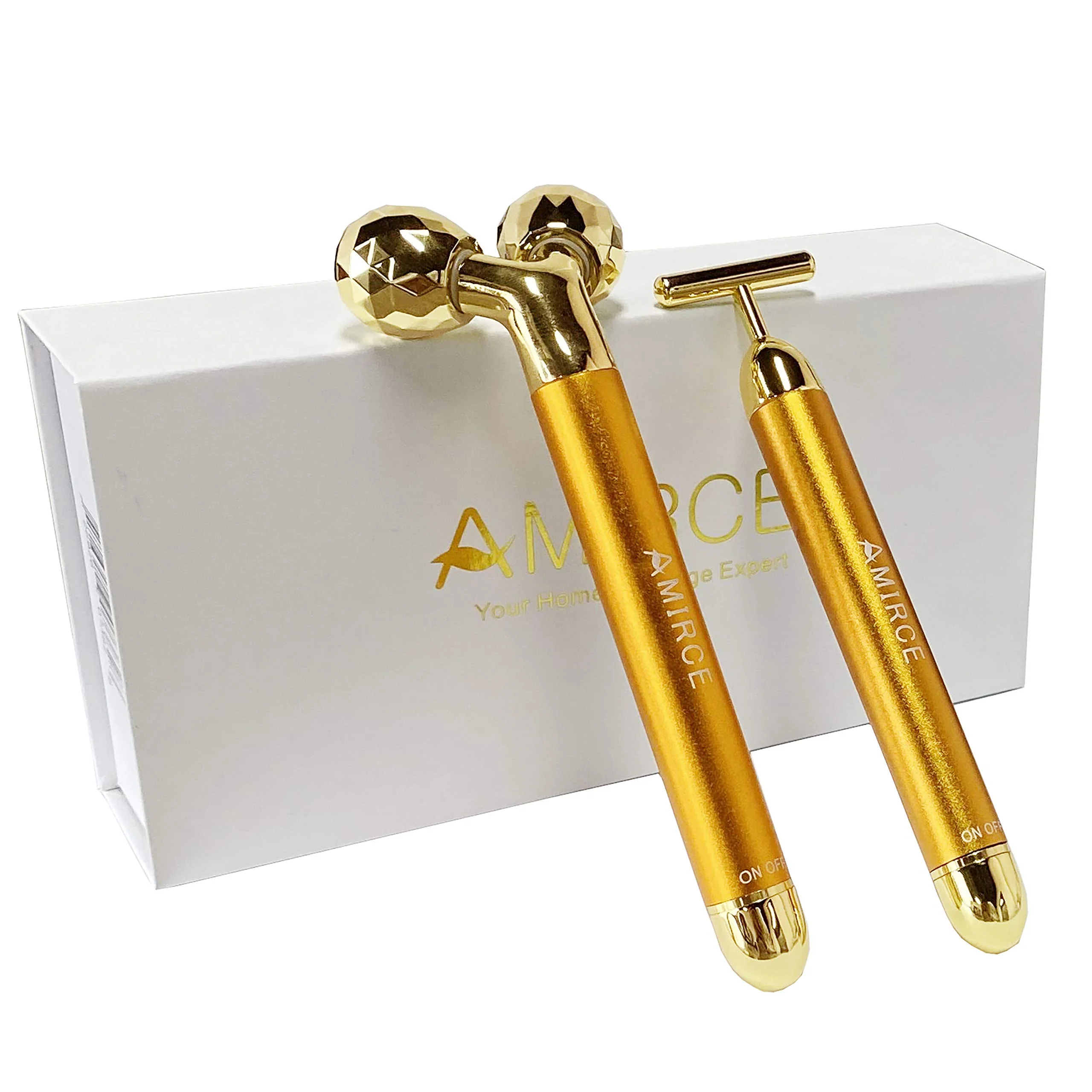 Original Amirce Face Massager Roller Golden 3D Roller Electric Facial Roller and T Shape Facial Roller Massager Kit Face Rollers Casual