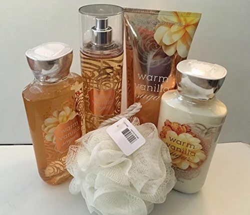 Trendy Warm Vanilla Sugar Deluxe 5 Piece Bundle Gift Set Full Size Cream Lotion Shower Gel Fragrance Mist Shower Sponge packaging may vary . Premium
