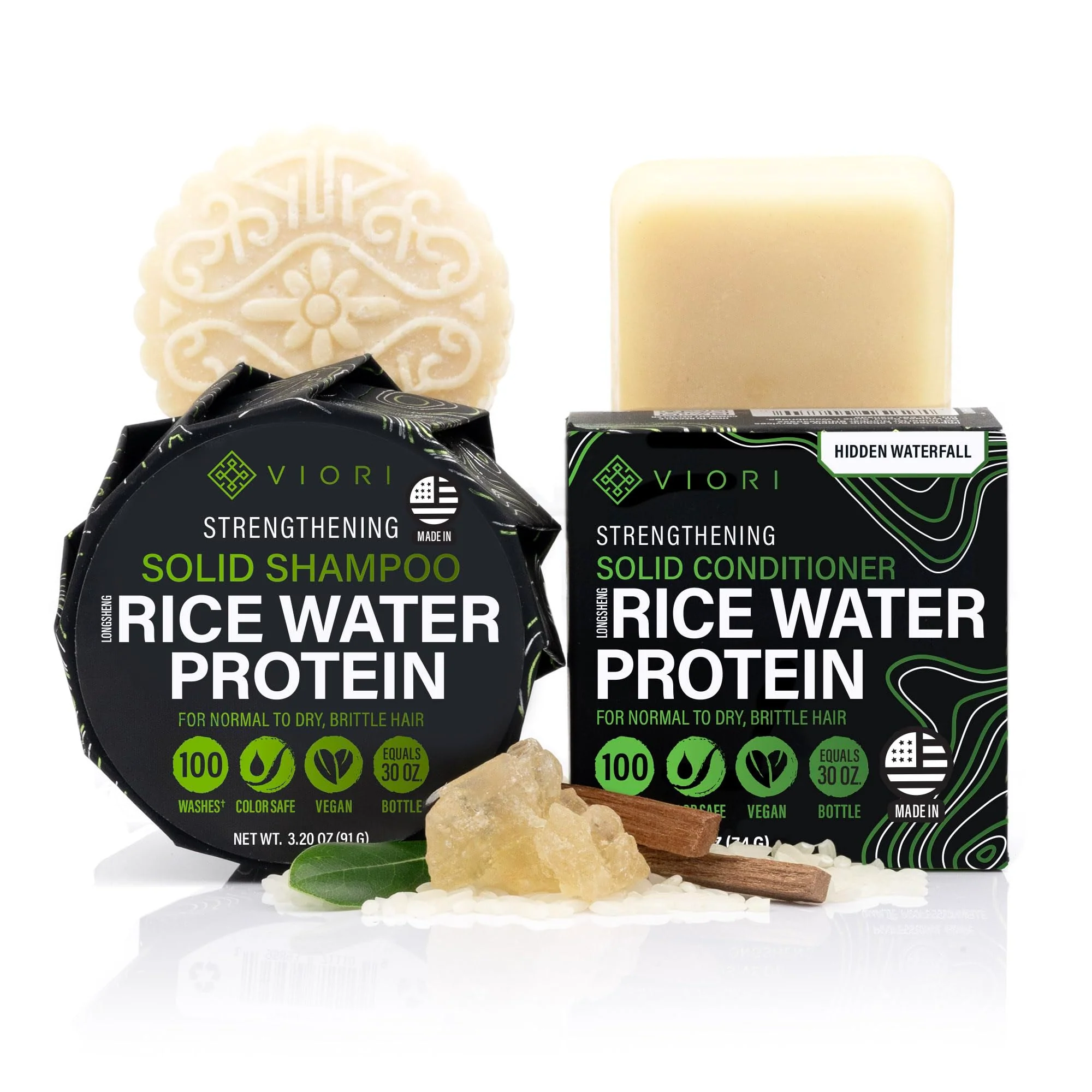 Top-Quality Viori Hidden Waterfall Shampoo and Conditioner Bar Set Made with Rice Water - Handcrafted Sulfate Shampoo and Conditioner Classic