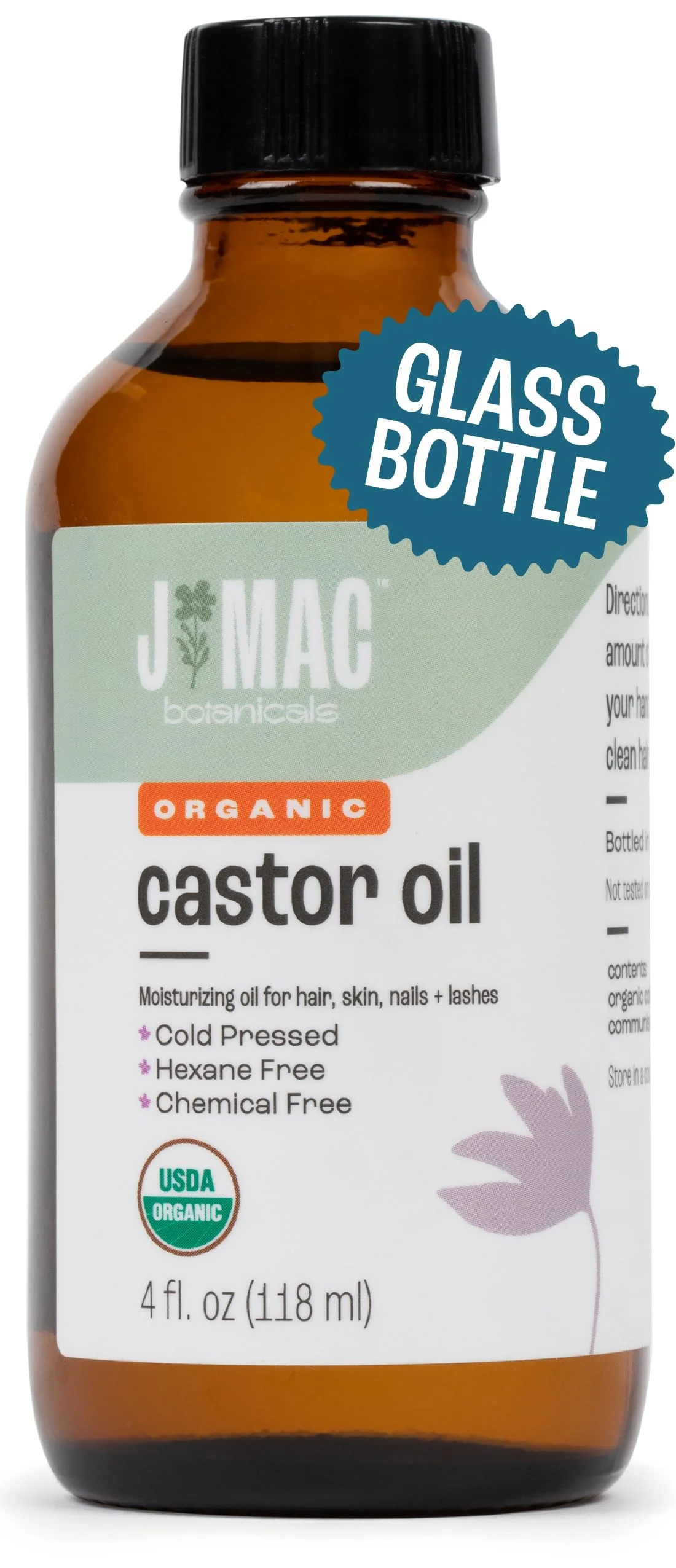 Detailed J MAC BOTANICALS Organic Castor Oil Cold Pressed Glass Bottle 4 oz NO DROPPER pure hexane castor oil for face skin eyelashes Unique