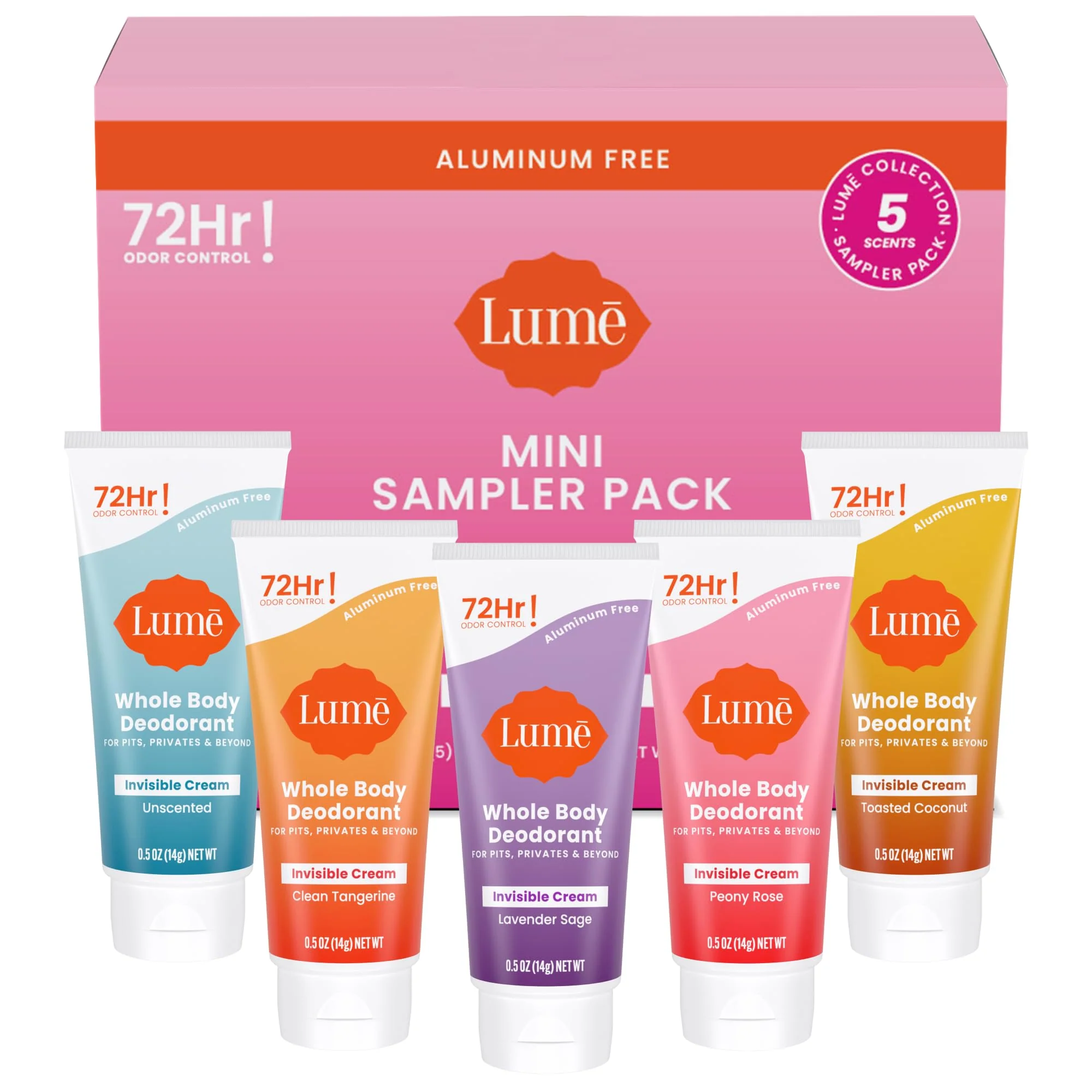 Carefully Designed Lume Whole Body Deodorant 5 Pack Sampler - Invisible Cream Minis - 72 Hour Odor Control - Aluminum Baking Soda Artisan