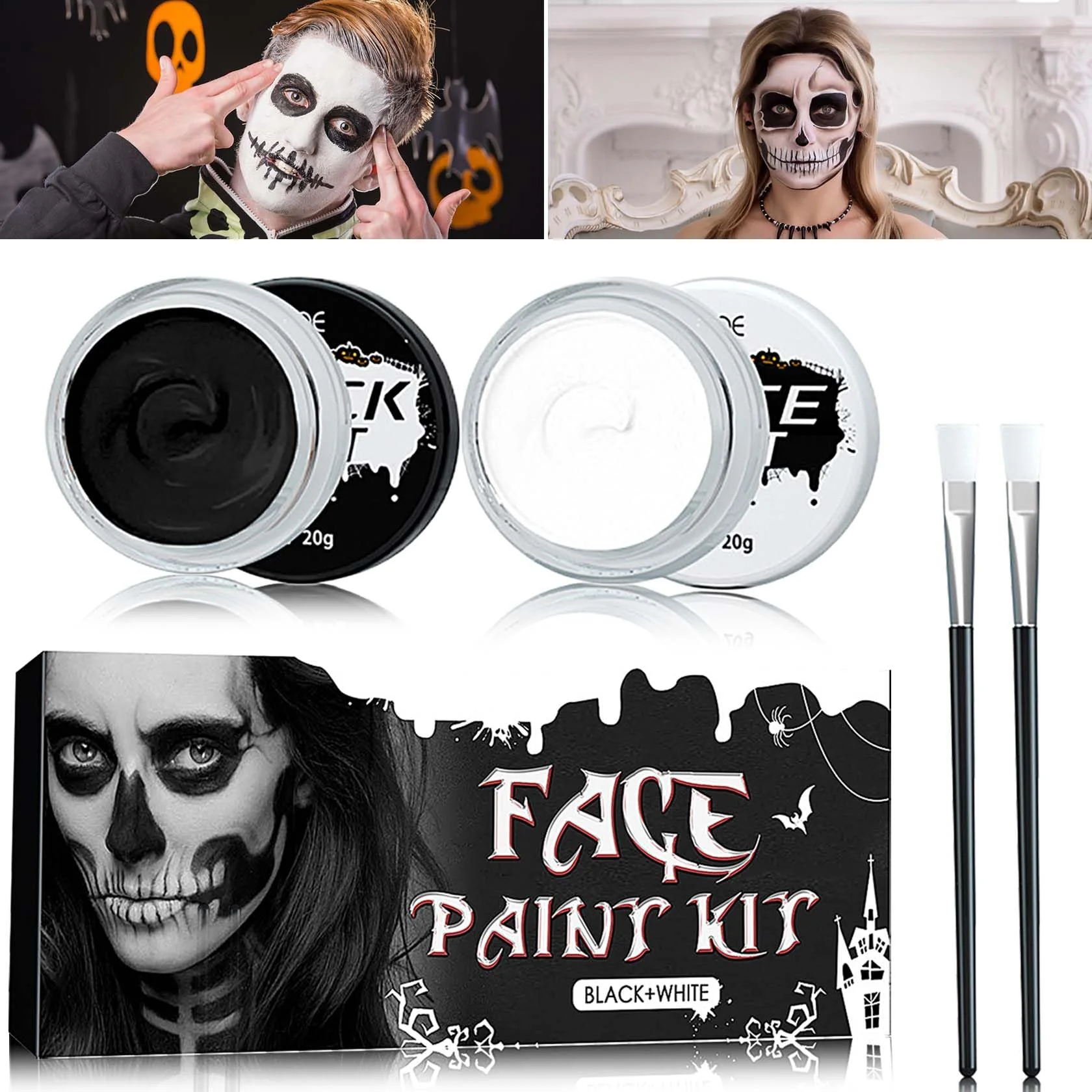 Traditional Black White Face Body Paint Set Oil Based Face Painting Kit Special Effects Halloween SFX Makeup Kit with 2 Brushes Halloween Face Paint Palette Kit Efficient