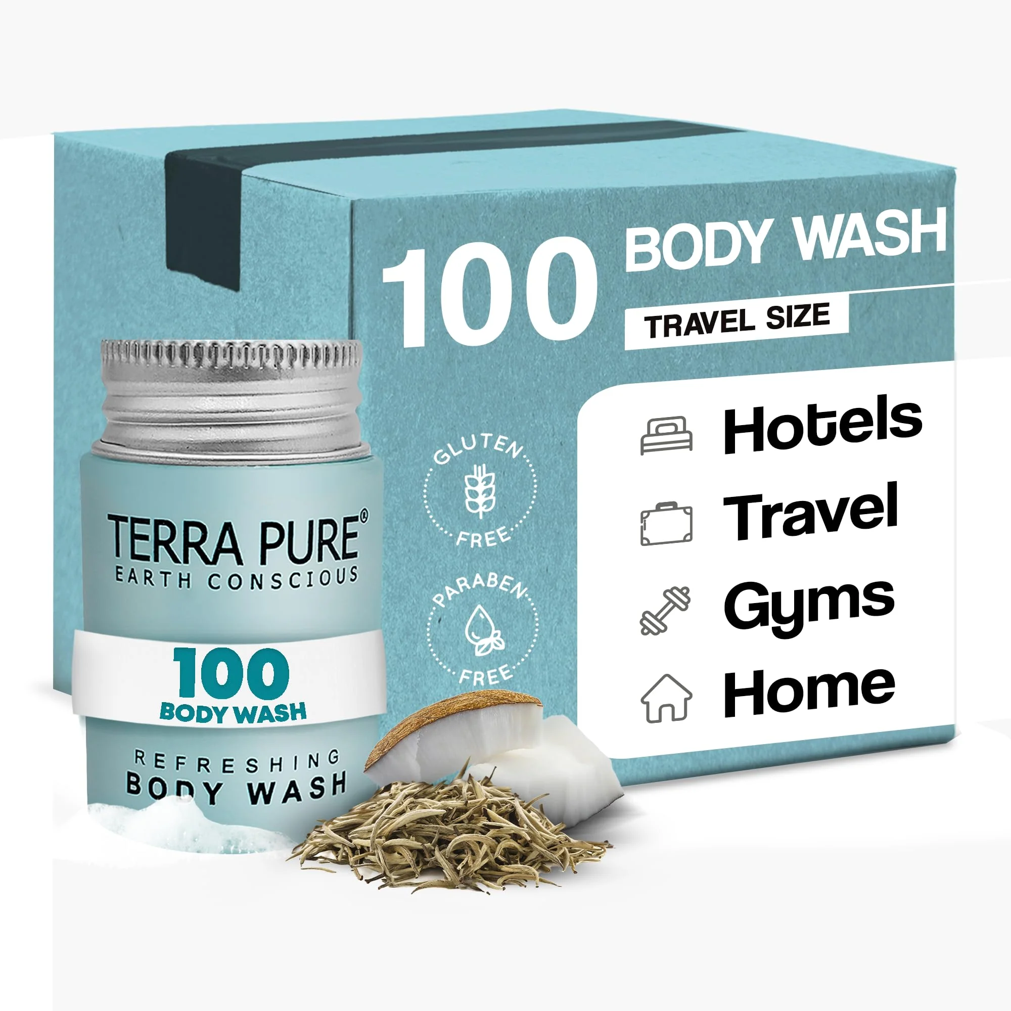 Premium Material Terra Pure White Tea Coconut Body Wash Travel Size Hotel Amenities 1 oz. Case of 100 Sustainable