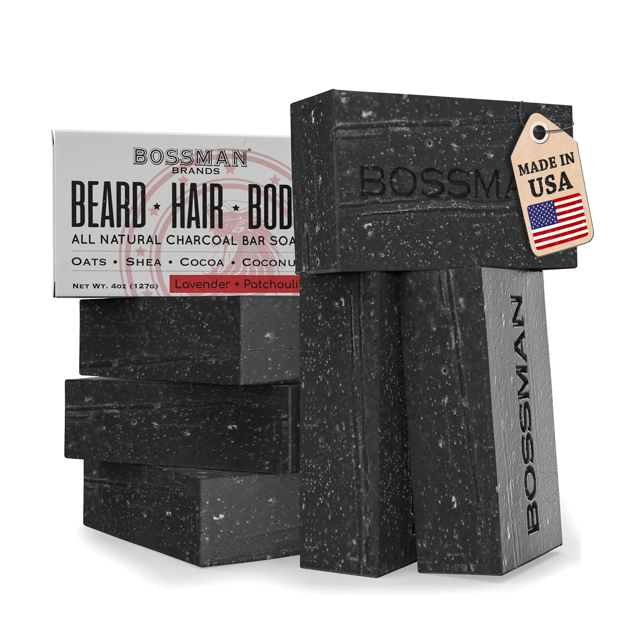 Fashionable Bossman 6-Pack 4-in-1 Bar Soap for Men – All Natural Organic Beard Wash Shampoo Body Wash Shaving Soap – Lavender Patchouli Scent Detailed