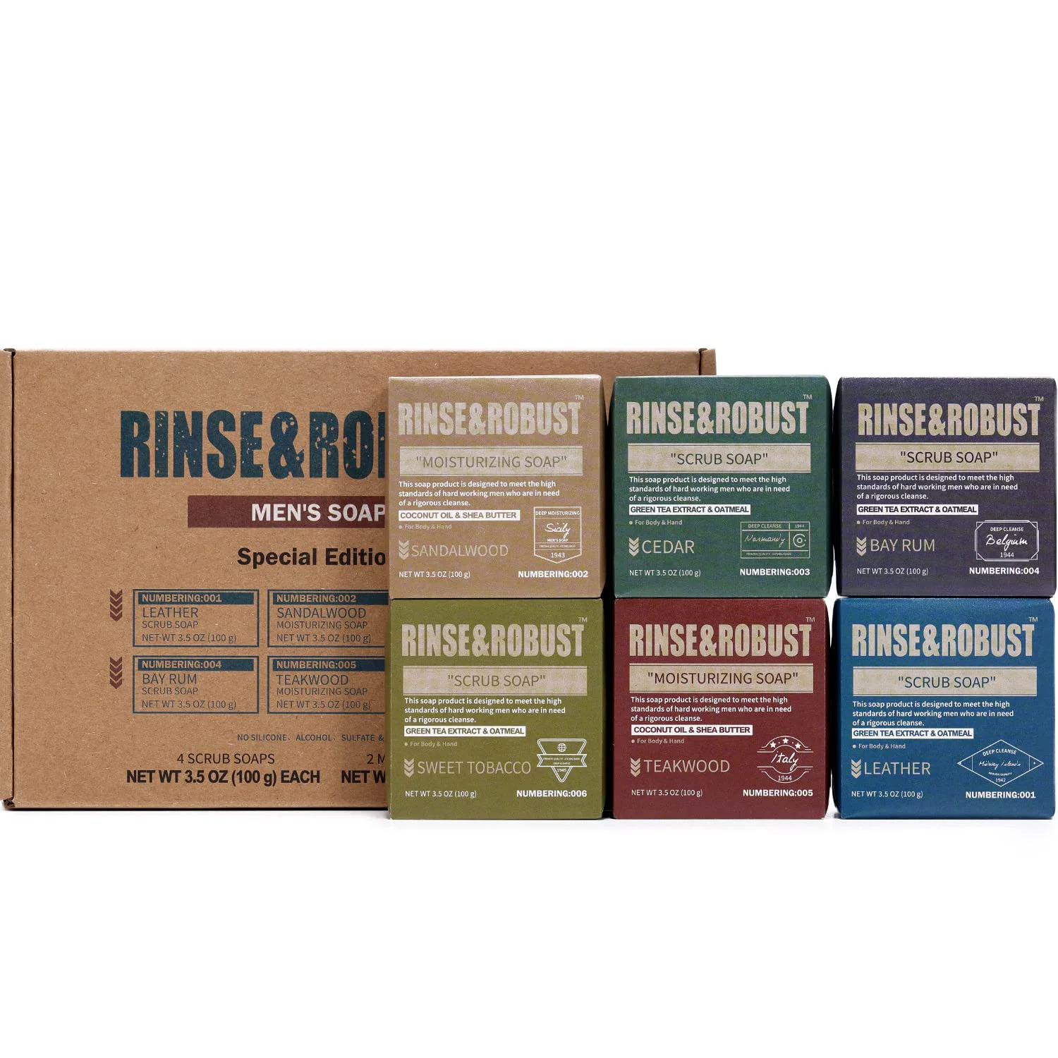 Carefully Designed Rinse Robust Mens Soap Bar Set 6Pcs Natural Cleansing Bar Soap Set Scrub Soap Gift for Men All Skin Type 6 Different Scents 3.5 oz of 6 Bars Traditional