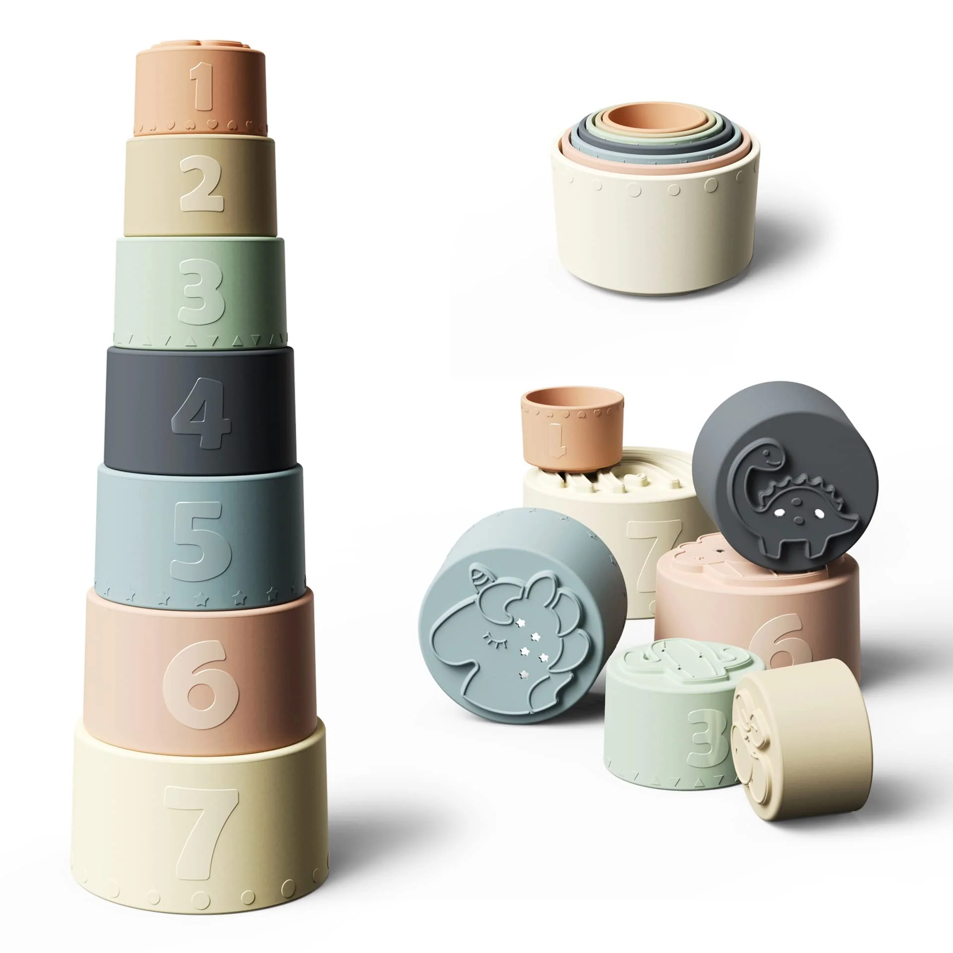 Genuine Moonkie Stacking Cups Toy Fun Educational Baby Toys Silicone Soft Teething Toy Age 6 Months 7 Piece Set Fashionable