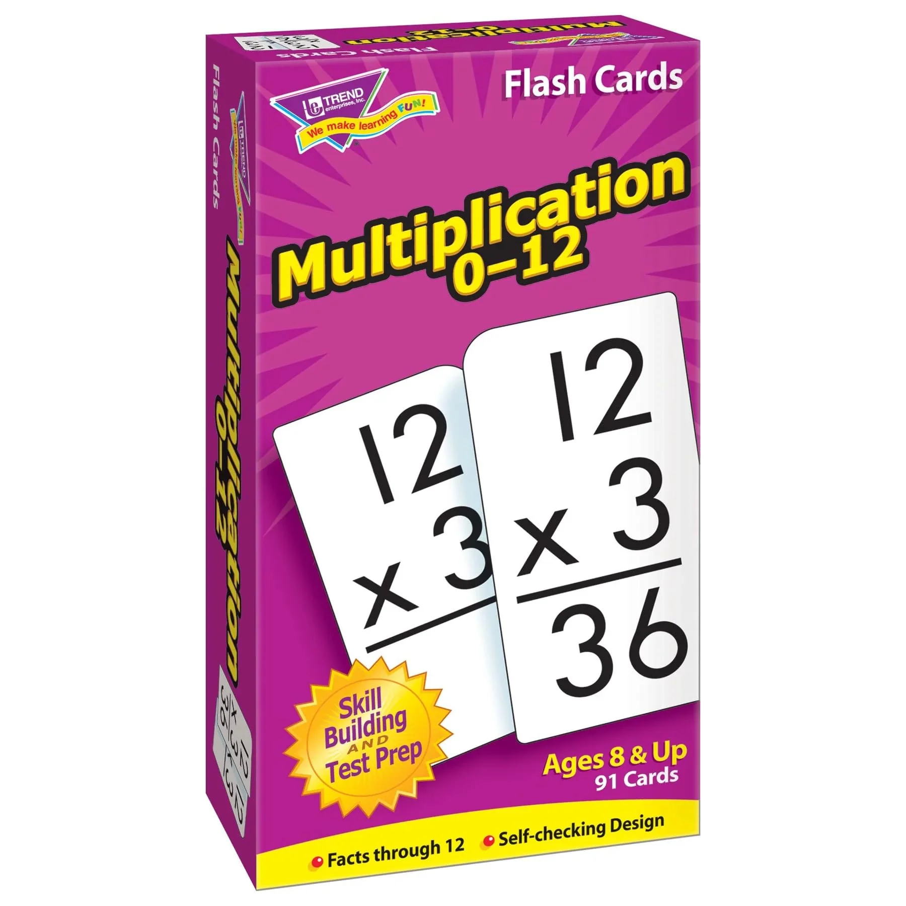 Enhanced TREND Multiplication Flash Cards 0–12 91 Self-Checking Cards for Math Skill Building Test Prep Fun Learning Tool for Kids Ages 8 Traditional