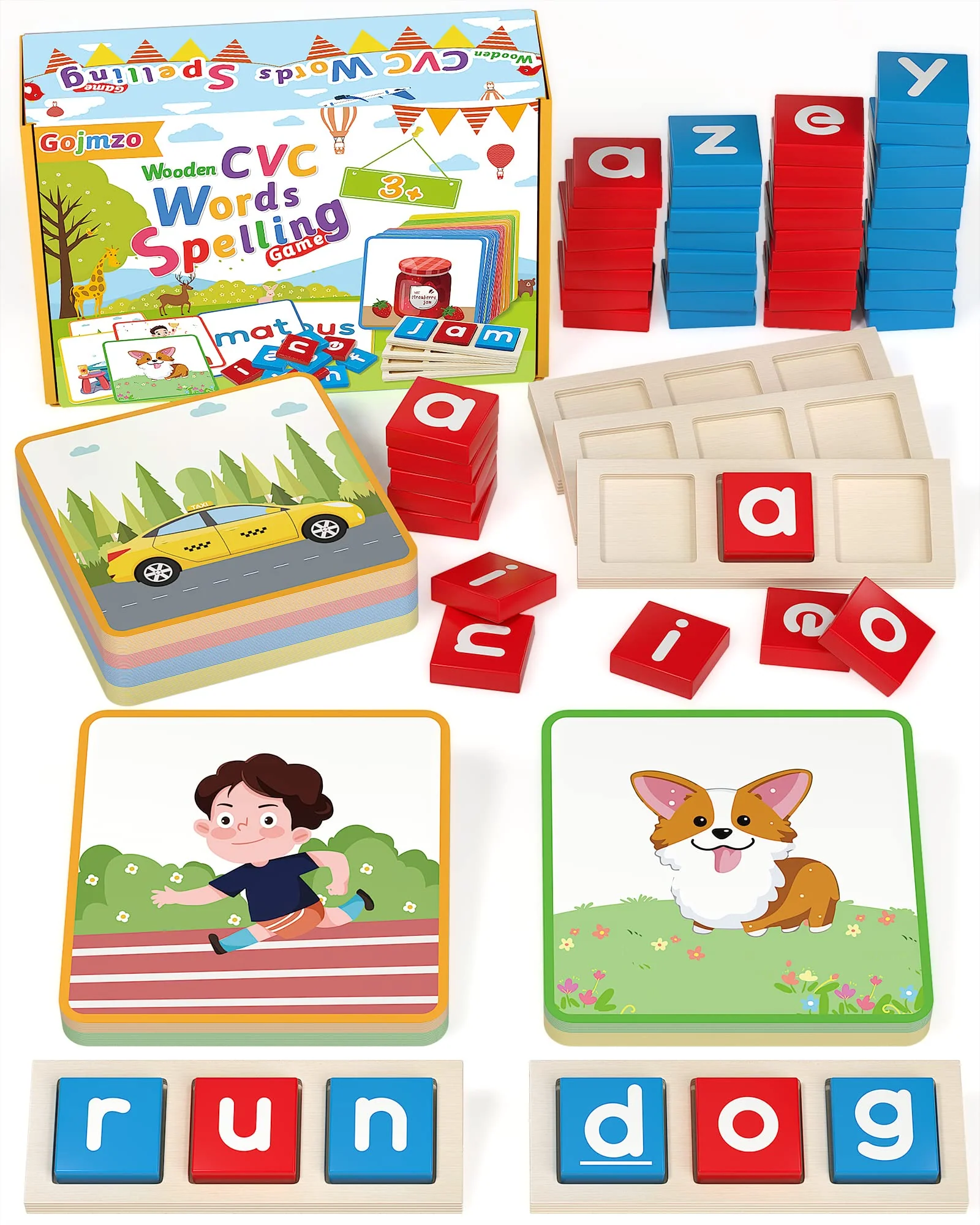 Premium Material Gojmzo Wooden CVC Word Spelling Games – Montessori Learning Toy with Sight Words Flash Cards Educational Activity for Kids Ages 3–6 Reusable