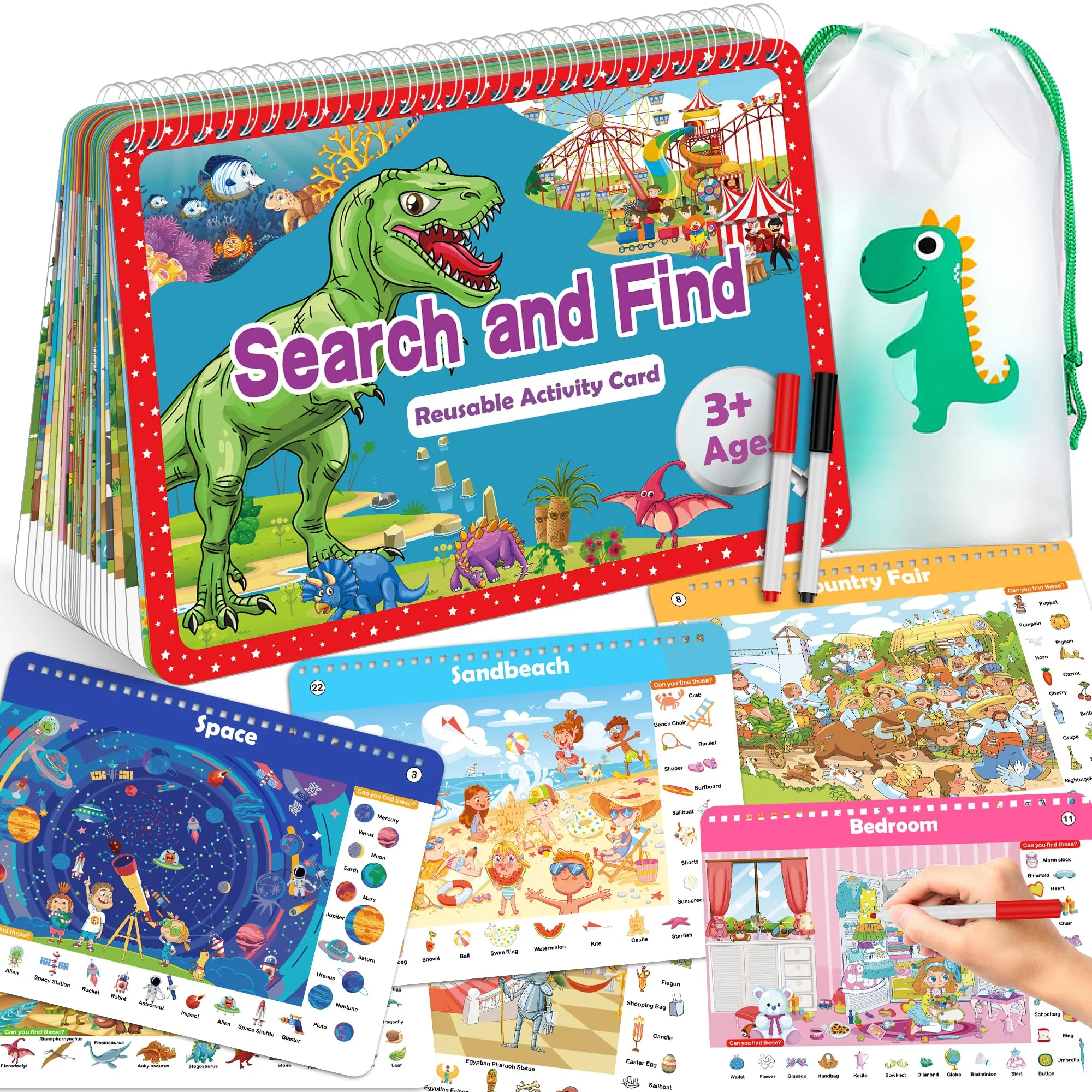 User-Friendly Elfew Search Find Book for Kids Ages 3–8 – Reusable Activity Mats with 24 Themed Activities Educational Toddler Learning Car Toys Flexible