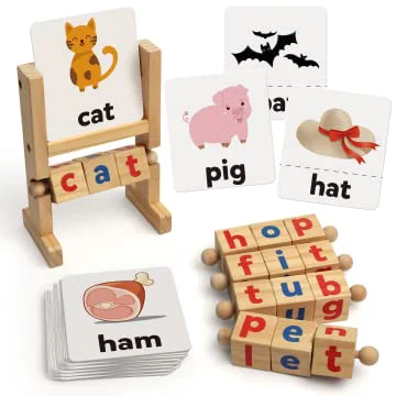 Contemporary Coogam Wooden Reading Blocks – Short Vowel Rods Spelling Game with Rotating Letter Puzzle Flash Cards Montessori Learning Toy for Preschool Kids Genuine