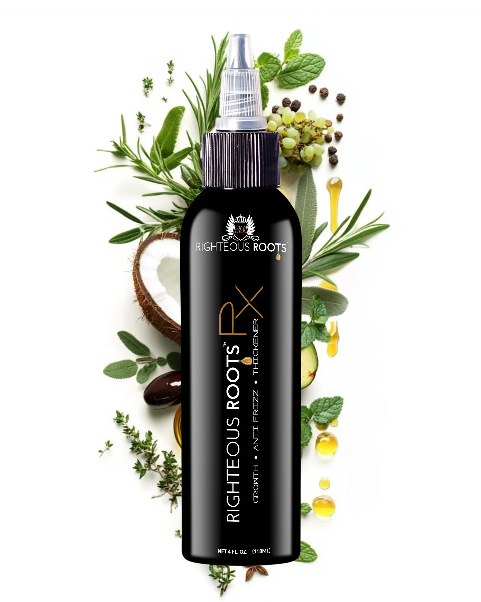 Original Design Righteous Roots Rx Hair Oil – Hair Growth Anti-Frizz Thickening Oil for Curly Wavy Natural Hair Beards – 4 fl oz Hair RX Top-Quality