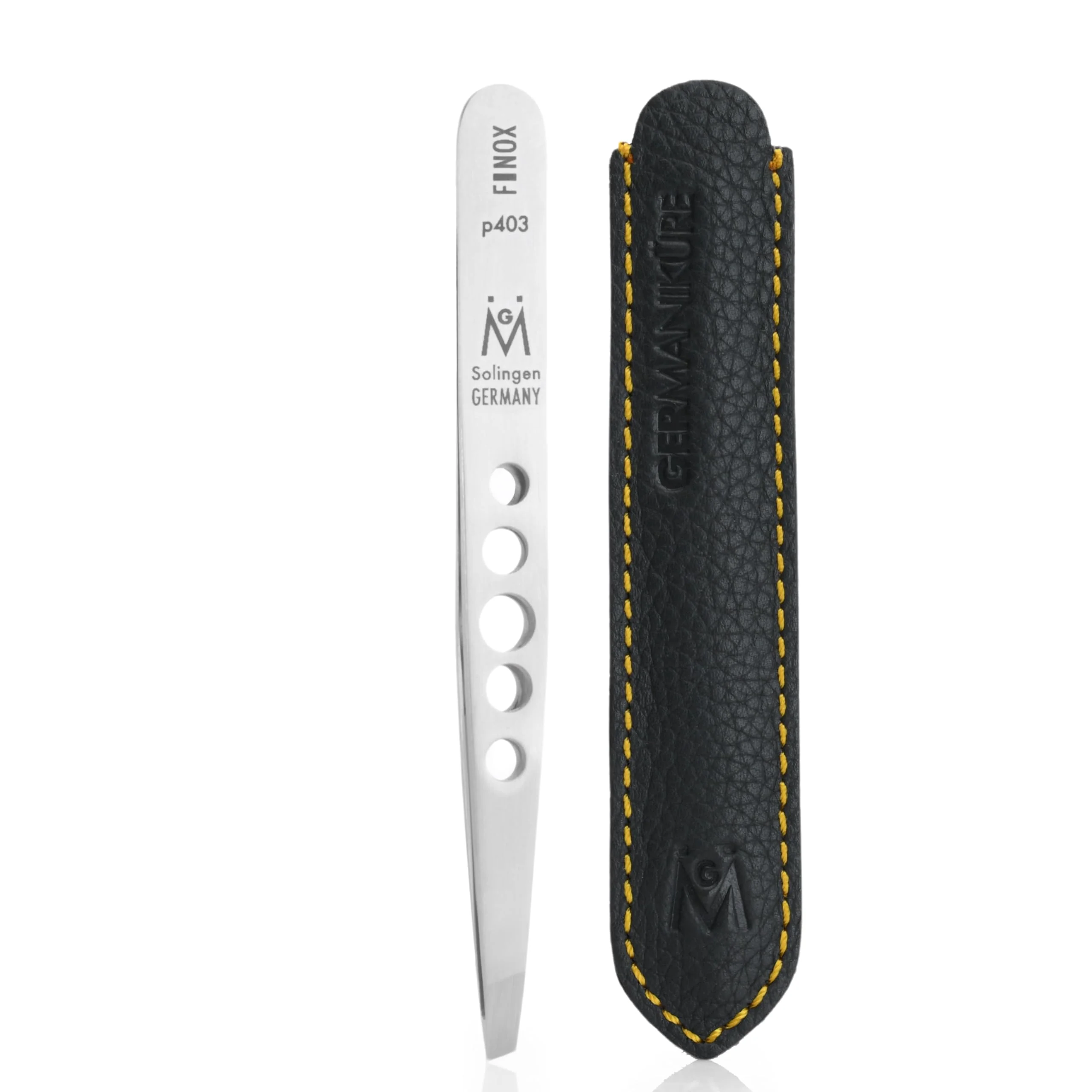 Excellent GERMANIKURE Professional Perforated Slanted Tweezers - FINOX Stainless Steel Sharp in Leather Case - Ethically Made in Solingen Germany - 4403 Reusable