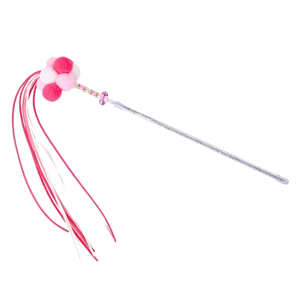 Long-Lasting Maxbell Funny Cat Teaser Wand Long Rod Cat Interactive Toy with Plush Balls and Bell Pink Red Premium Material