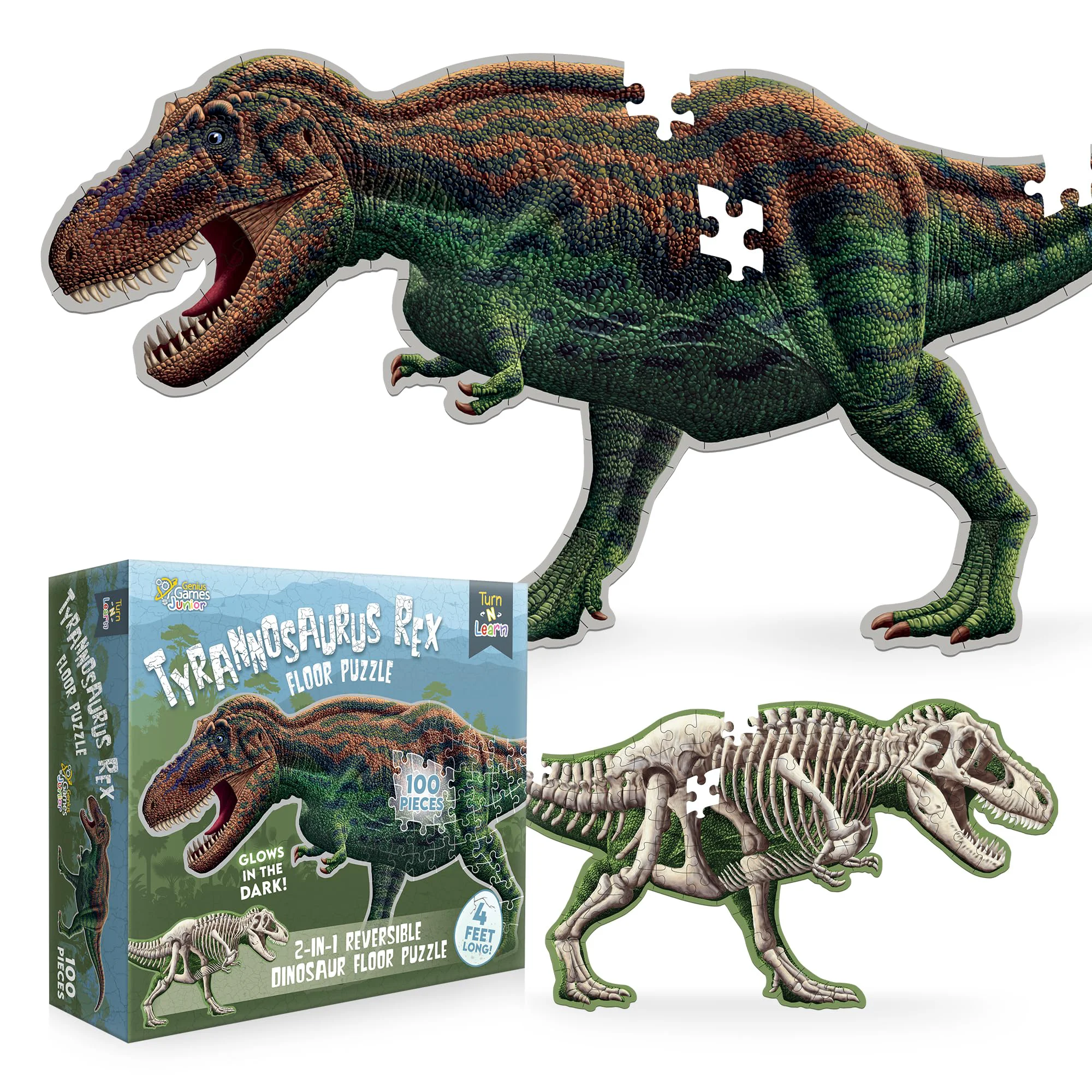 Functional Tyrannosaurus Rex Dinosaur 100-Piece Floor Puzzle – Double Sided with Glow-in-the-Dark Skeleton – 4 FT Educational Dino Toy for Kids Contemporary