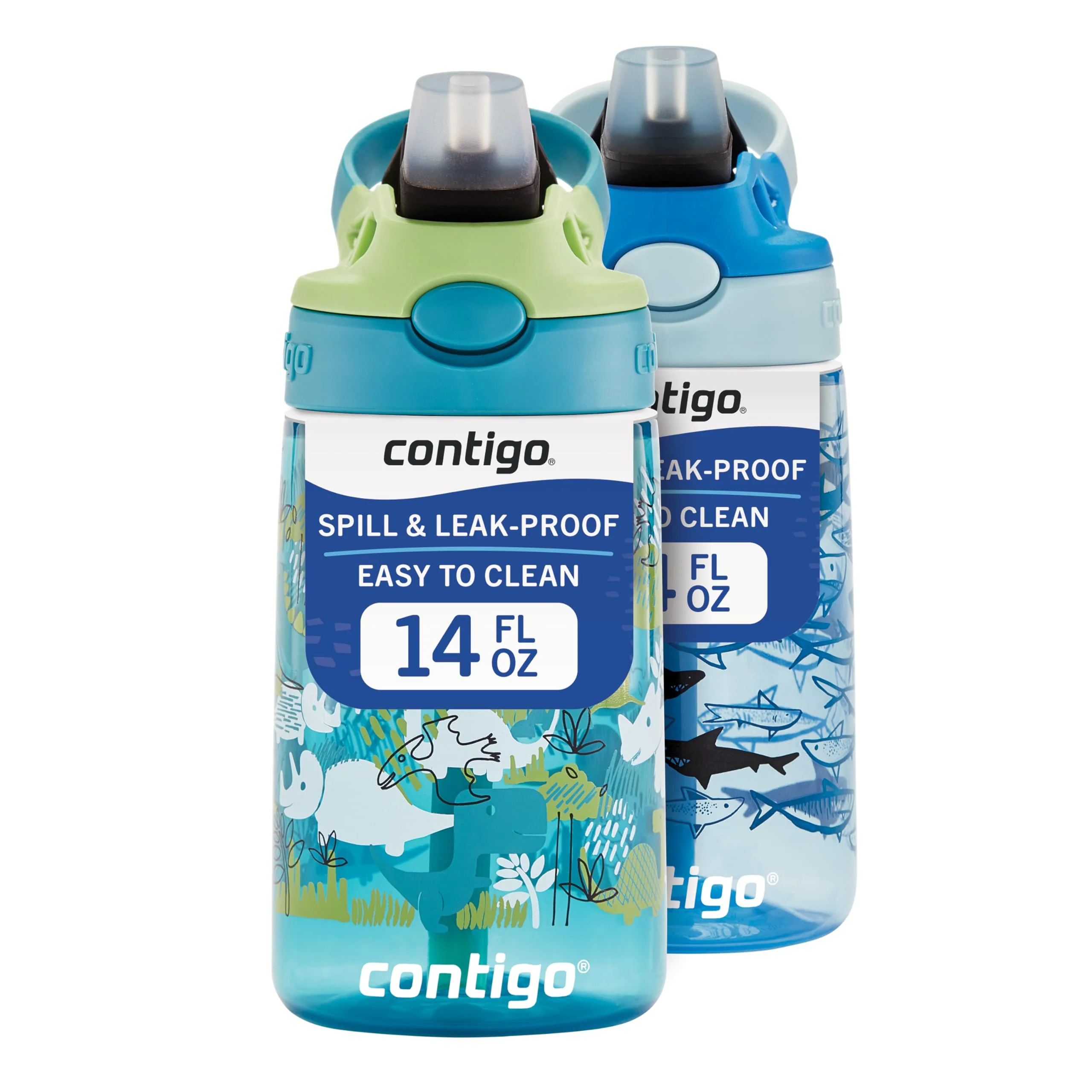Casual Contigo Aubrey Kids Water Bottle 2-Pack 14oz Dinos Sharks Spill-Proof Lid Dishwasher Safe Blue Green Organic