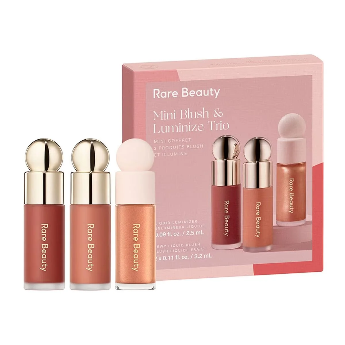 Green Rare Beauty Limited Edition Mini Blush Luminize Trio - Beloved - Virtue - Enliven - New In Box Detailed
