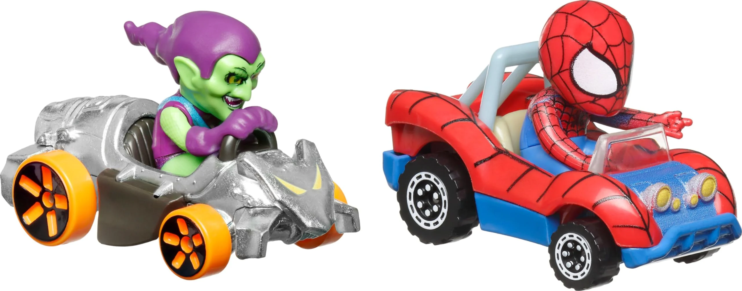 Easy-to-Use Hot Wheels RacerVerse Toy Cars 2-Pack Set of 2 Die-Cast Vehicles with Character Driver Optimized for Track Performance Spider Man Green Goblin Traditional