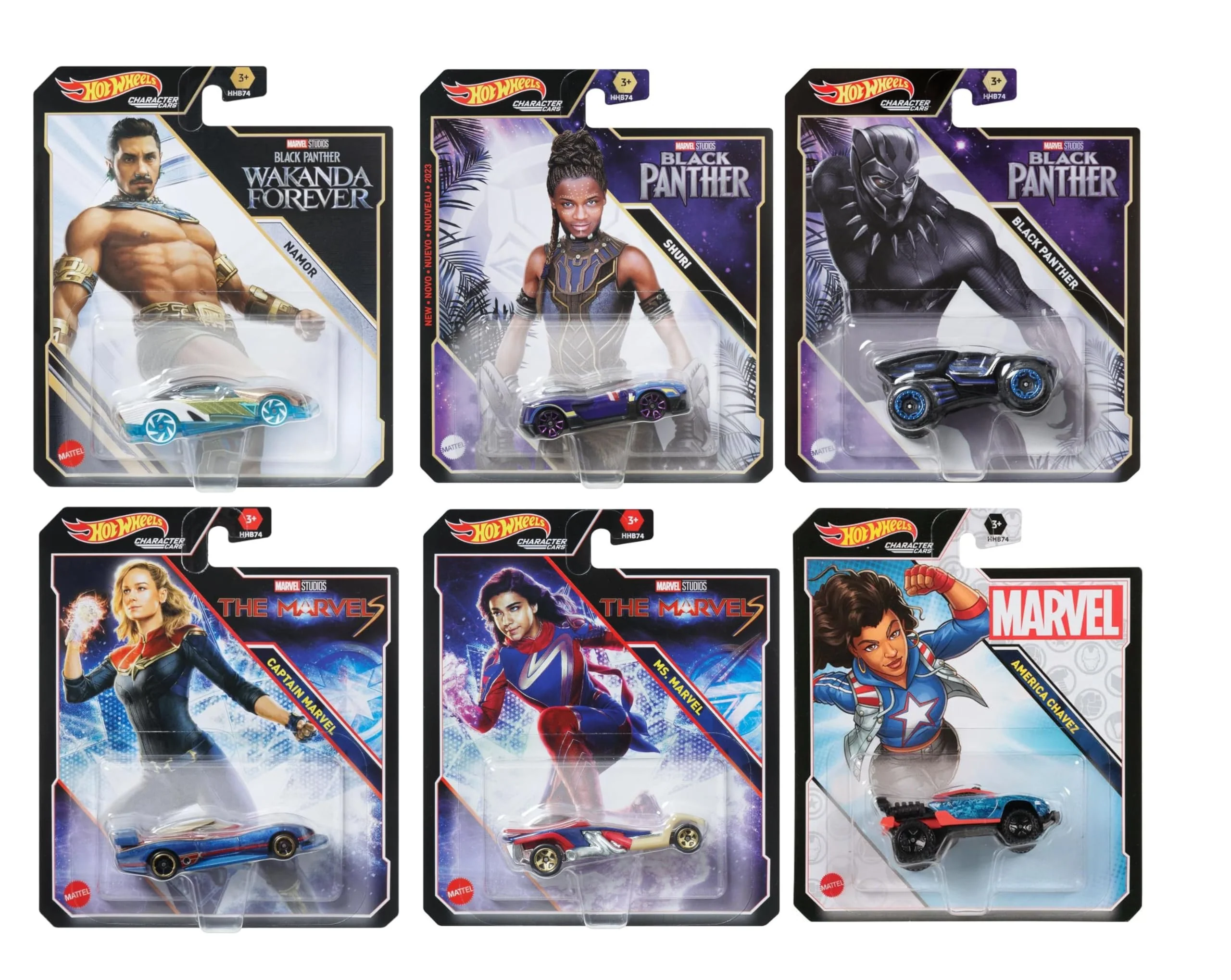 Advanced Hot Wheels Character Cars - Complete 6‑Pack HHB74‑956G Includes Black Panther Namor Shuri Ms. Marvel Captain Marvel America Chavez 1 64… Soft