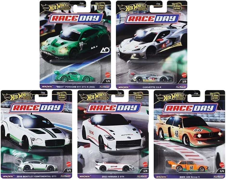 Reliable Hot Wheels Race Day Car Collection 5-Pack Die-Cast Cars Porsche 911 GT3 Corvette C8.R Bentley Continental GT3 Nissan Z GT4 BMW 320 FPY86-961D Detailed