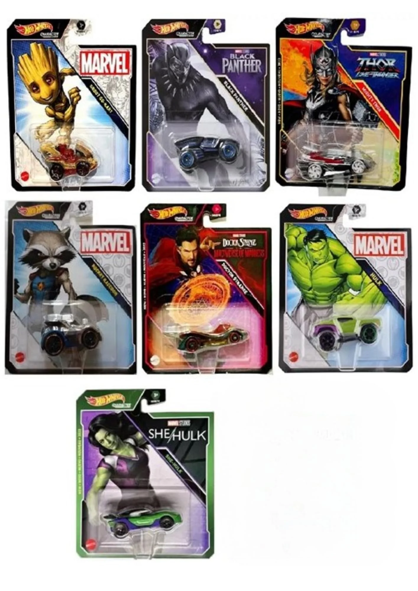 Selected Hot Wheels Marvel Character Cars 7-Pack Vehicles - Groot Black Panther Thor Rocket Doctor Strange Hulk and She Hulk Trendy