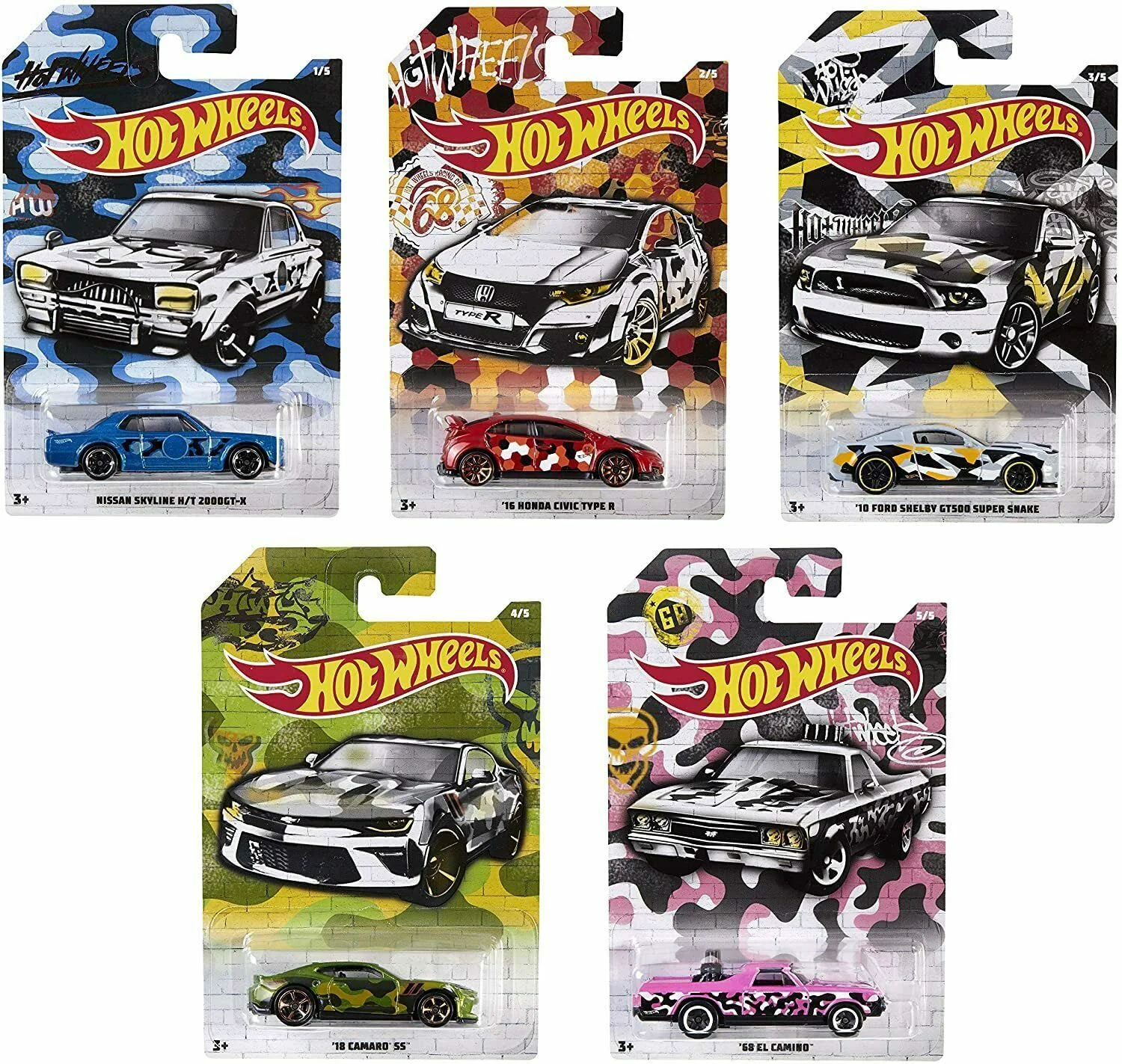 High-End Hot Wheels Mattel 2019 Urban Camo Series Complete Bundle of 5 Die‑Cast Vehicles Camouflage Graphics 1 64 Scale Ages 3 Original