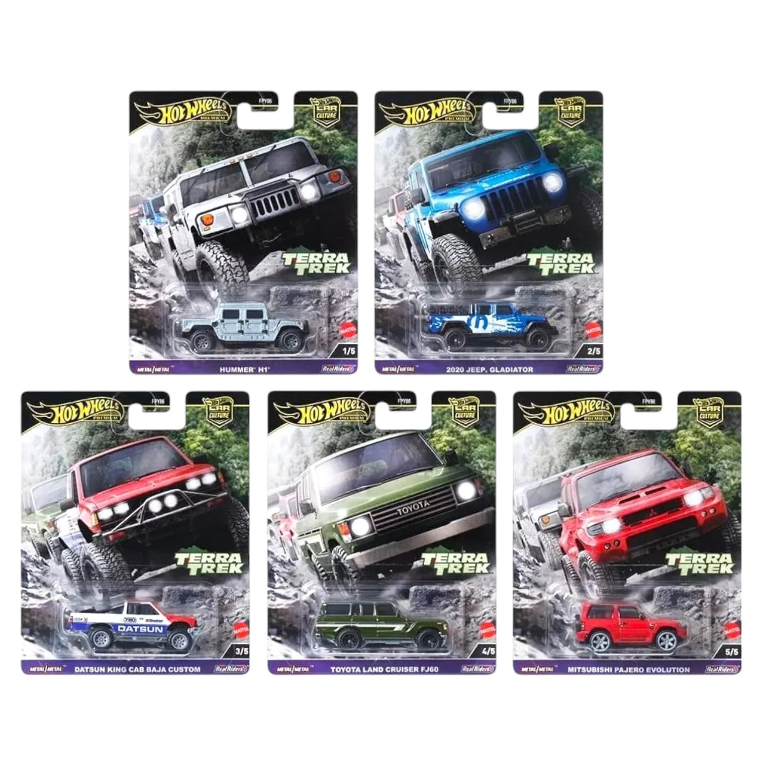 Powerful Hot Wheels Terra Trek Off-Road Collection 5 Die-Cast Cars Set Hummer H1 Jeep Gladiator Datsun King Cab Toyota Land Cruiser Mitsubishi Pajero… Eco-Friendly