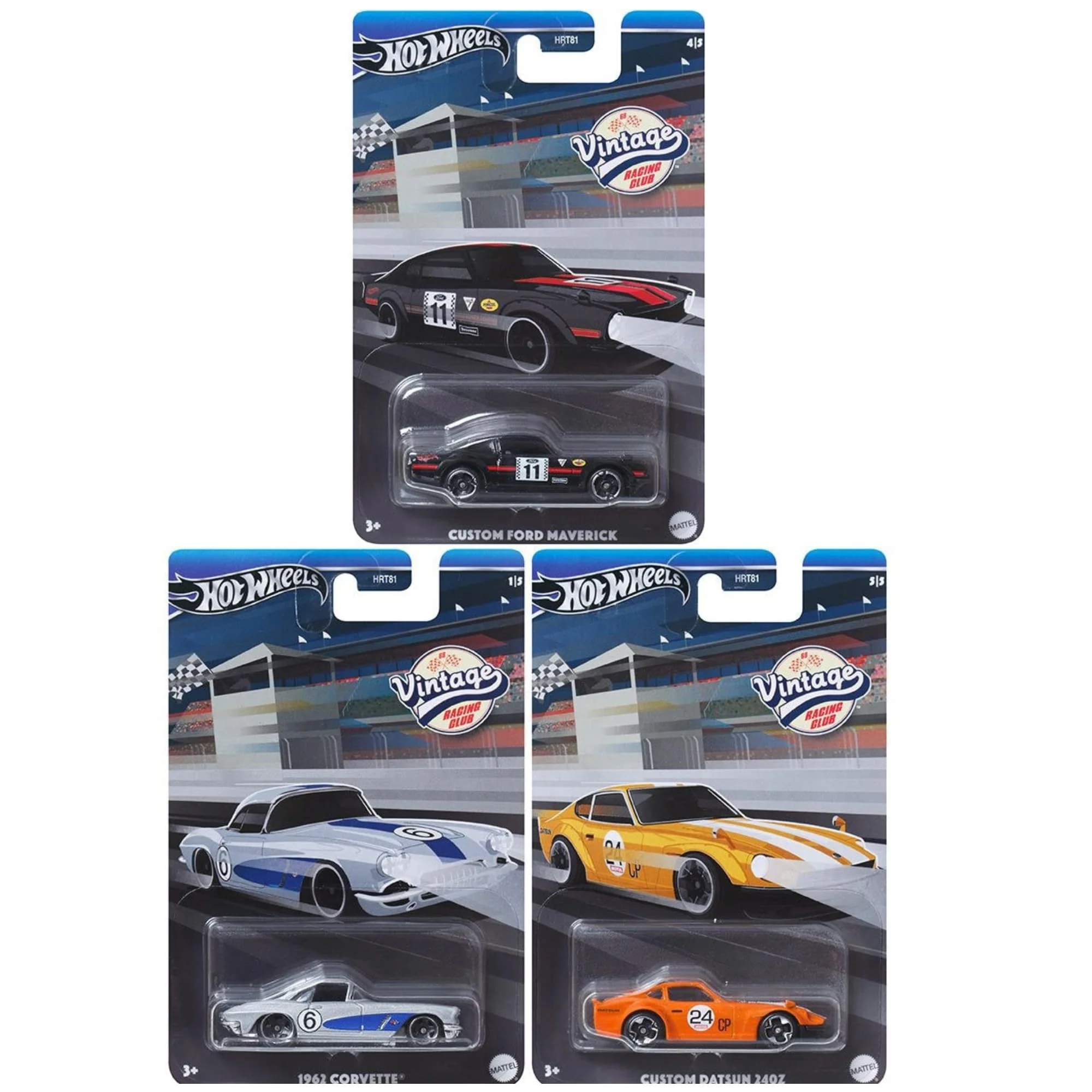 High-Quality Hot Wheels 2024 Vintage Racing Club - 3‑Pack HRT81‑956B 1962 Corvette Custom Ford Maverick Custom Datsun 240Z 1 64 Die‑Cast Collector Cars… Safe