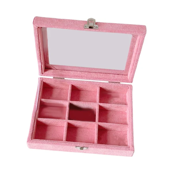 Minimalist Maxbell Pink Transparent Lid Velvet Jewelry Tray Rings Earrings Storage Box 9 Grids Easy-to-Use