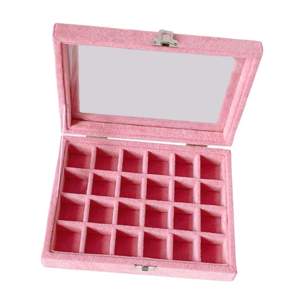 Durable Maxbell Pink Transparent Lid Velvet Jewelry Tray Rings Earrings Storage Box 24 Grids High-Quality