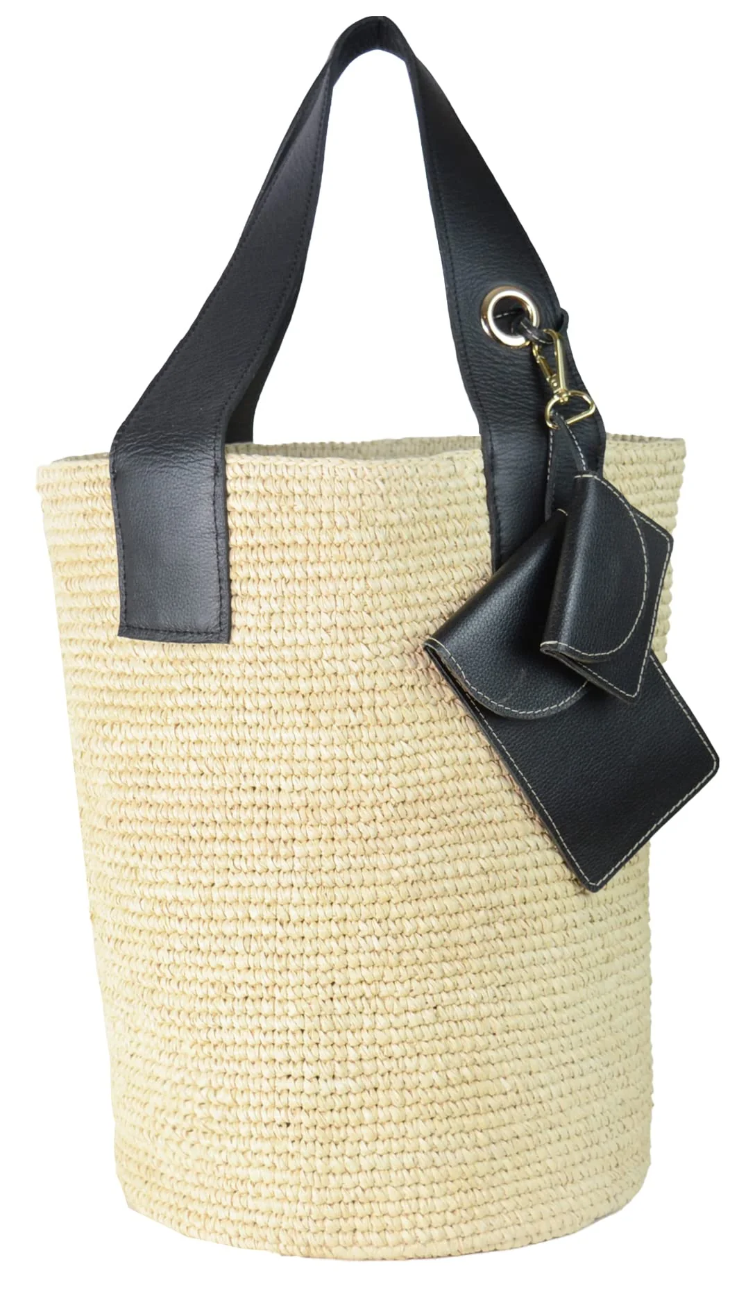 Pure Sensi Studio Tall Canasta with Leather Handles and Coin Purse Plus Phone Holder OS Natural Straw Black Leather Handle Casual