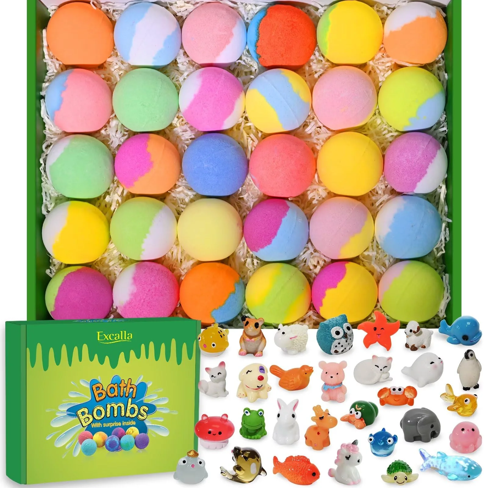 Functional Bath Bombs for Kids with Toys Inside for Girls Boys - 30 Pack Bath Bombs Gift Set with Surprise Kids Safe Bubble Bath Fizzy Balls Halloween… Green