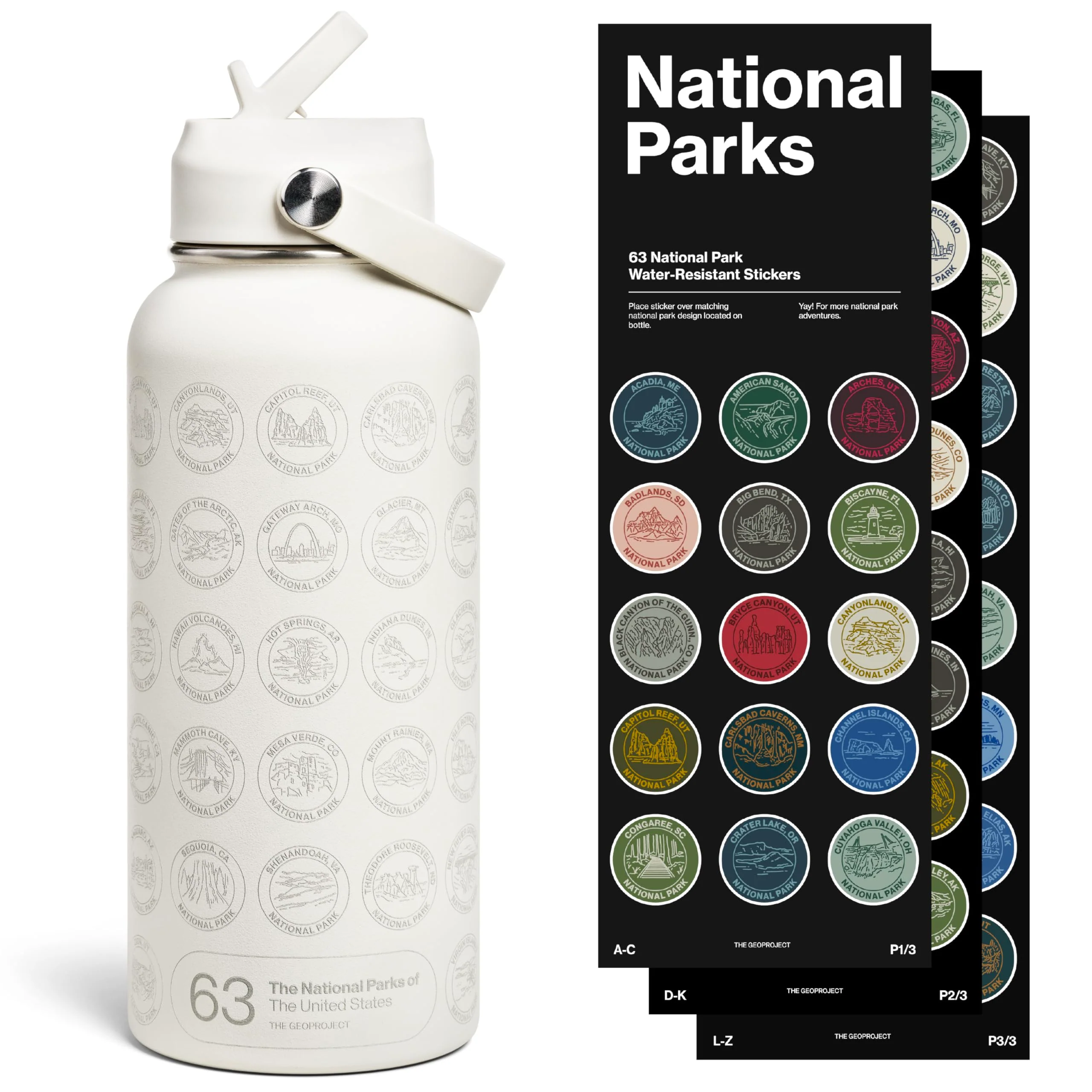 Innovative National Parks Water Bottle with Stickers Kit Adventure Flask with Straw Waterproof Stickers for Water Bottle Insulated Stainless Steel 32oz Tan High-End